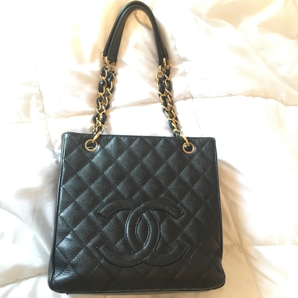 Authentic Chanel black caviar petite shopper tote